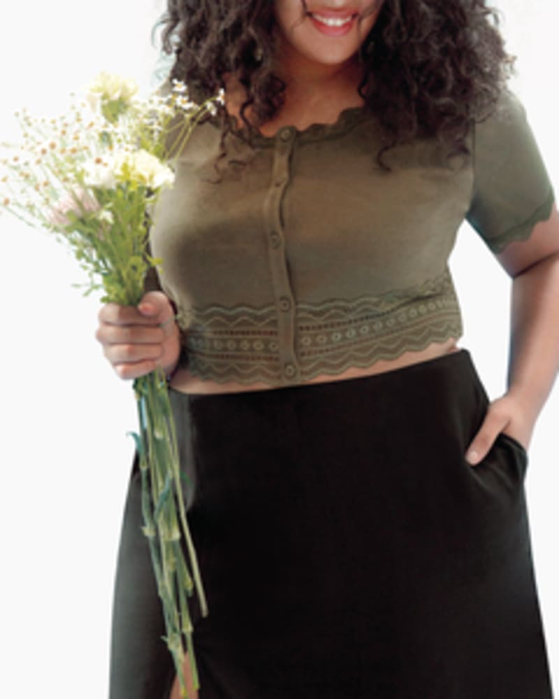 Front of a model wearing a size L Rhea Crop Top in Olive by Lovefool. | dia_product_style_image_id:249703
